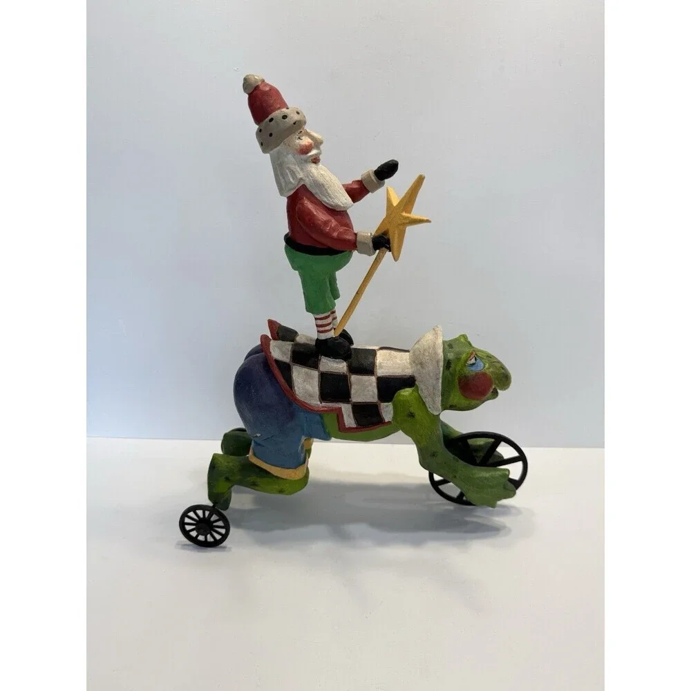 VINTAGE FOLK ART SANTA ON RABBIT WOOD CARVING. PEGGY HERRICK